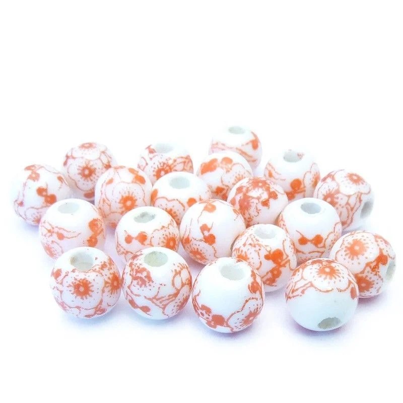 20ks Porcelánové korálky 6mm bílé s červeným vzorem květin